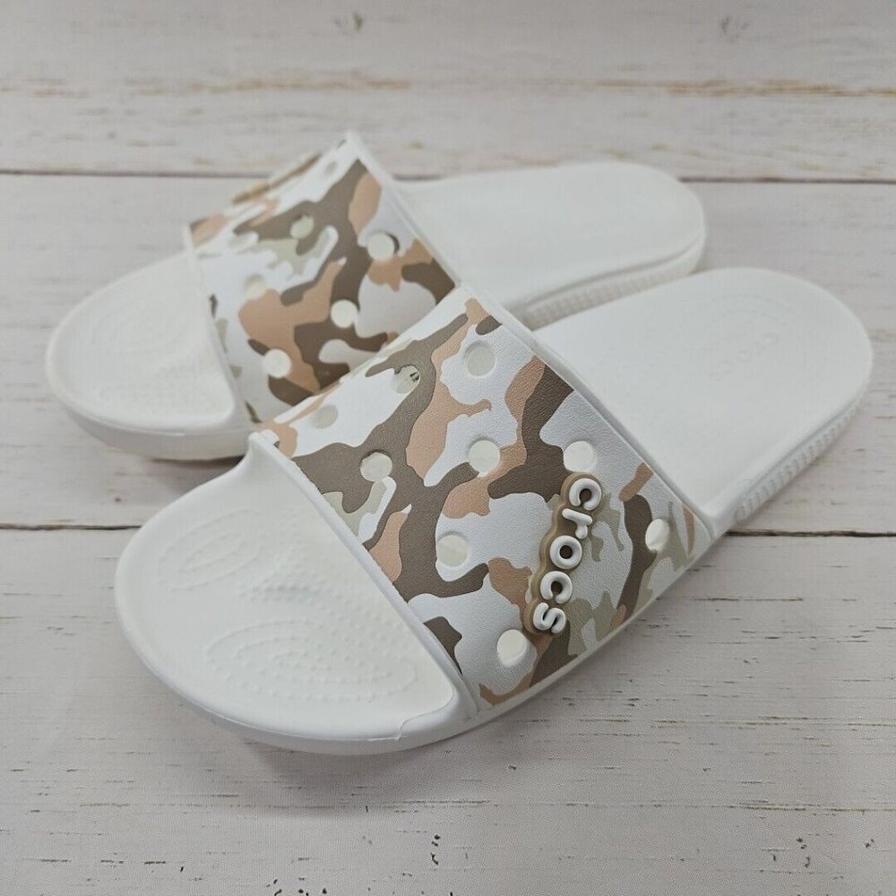 Crocs Classic Printed Camo‎ White Tan Brown Slide Sandals Size M6 W8 207280